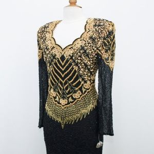 JASDEE Vintage Long Sleeve Dress Hand Work Bead & Sequins On Silk Style 5063